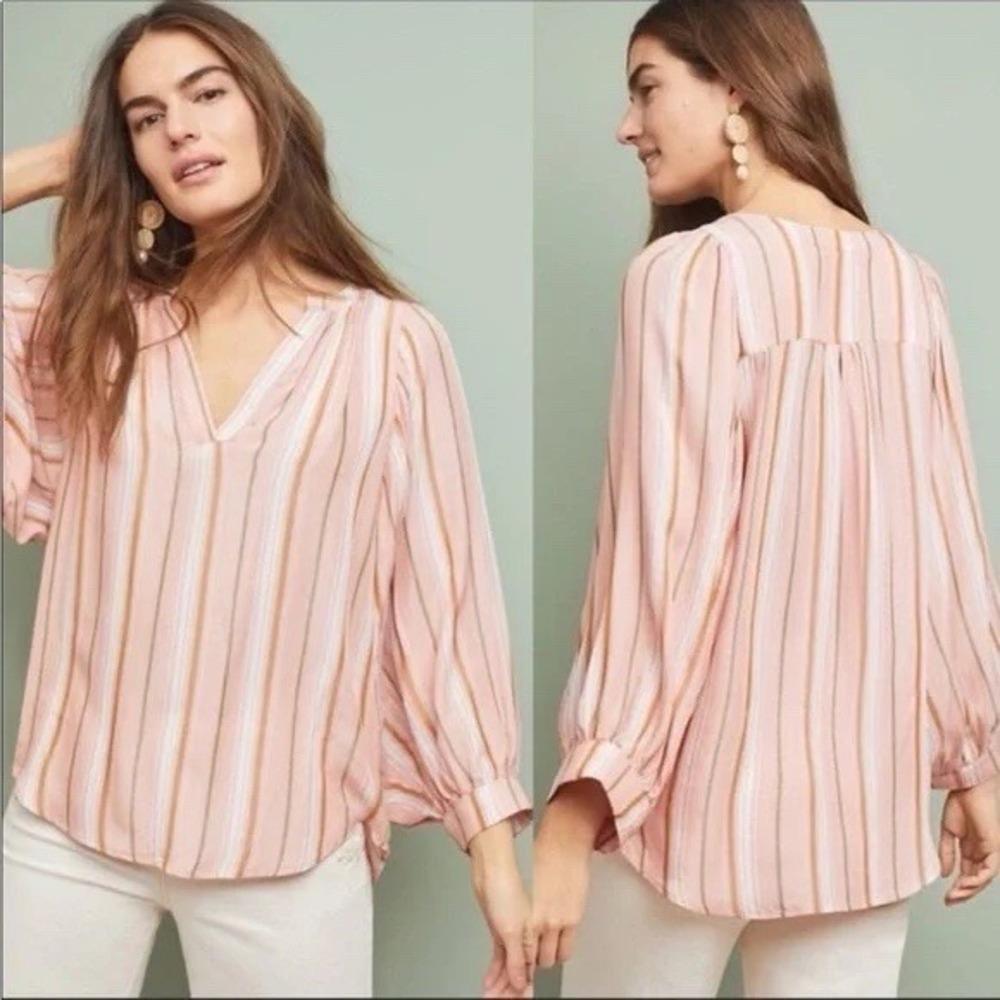 Anthropologie Maeve Women's Med Brenda Pink Stripe Peasant Blouse Balloon Sleeve